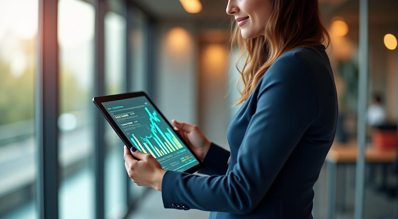 Professionista analizza grafici di crescita su tablet in un ufficio moderno